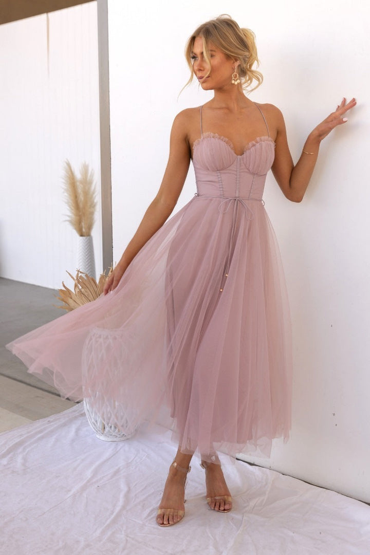 Women’s Midi Dress - A-Line Fit - Sweetheart Neckline - Sheer Overlay - Tie Waist