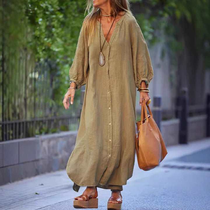 Women’s Maxi Dress – Relaxed Fit – V-Neck – Button Front – Long Sleeve – Breathable Blend