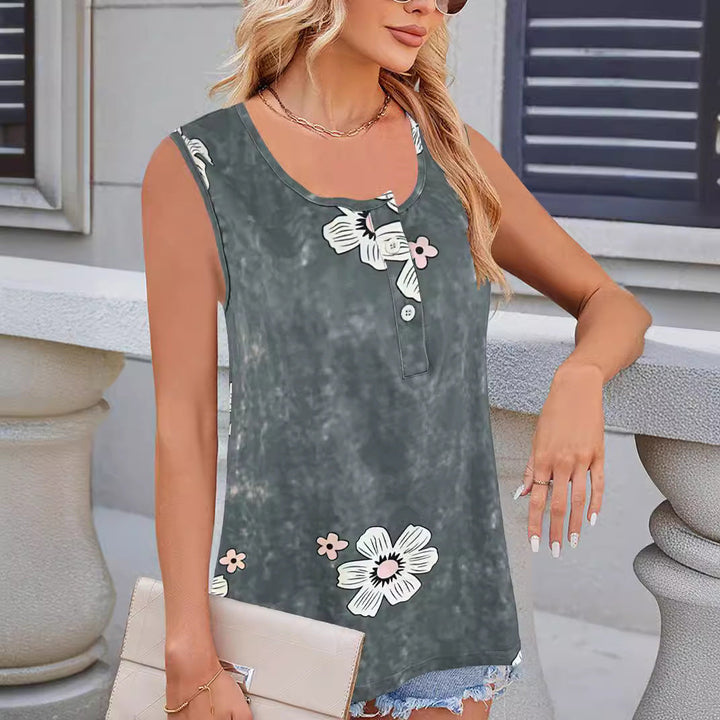 Women’s Sleeveless Top – Relaxed Fit – Round Neck – Floral Print – Button Detail