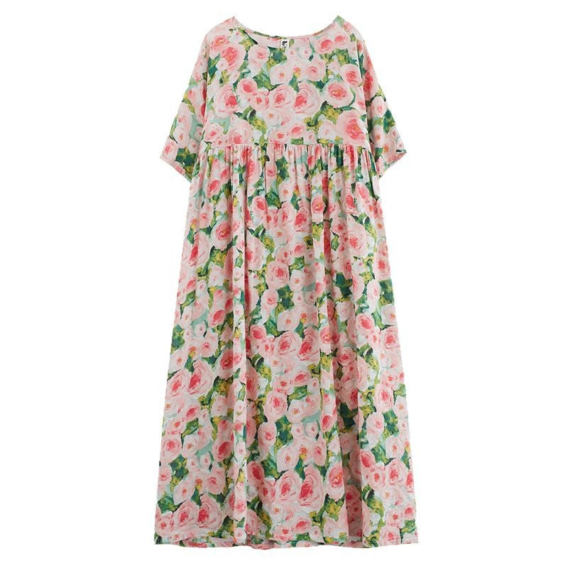 Women’s Maxi Dress - Loose Fit - Floral Pattern - Half Sleeve - Lightweight Cotton