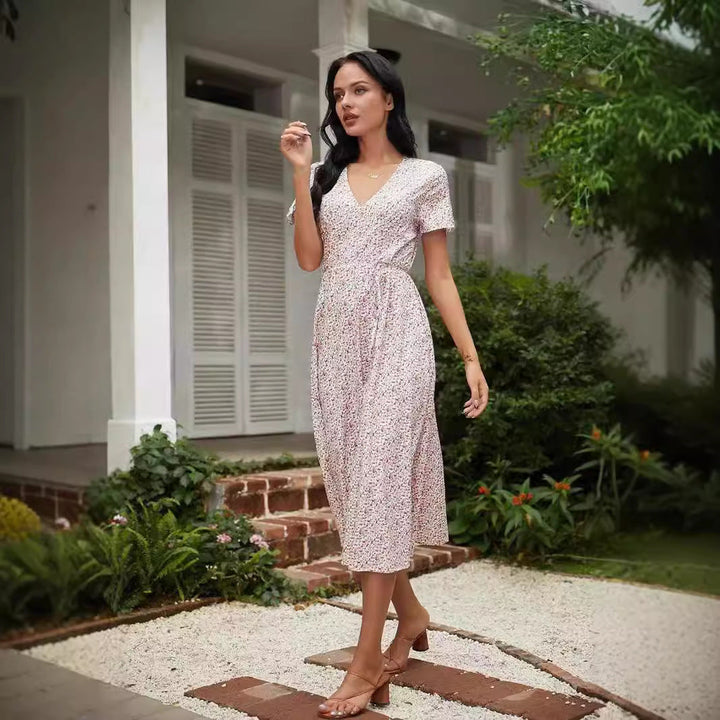Women’s Midi Dress – V-Neck – Relaxed Fit – Waist Tie – Breathable Blend Fabric