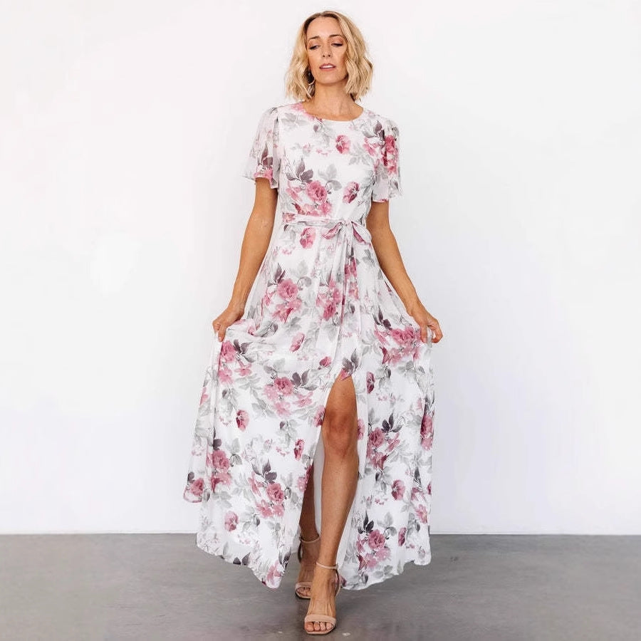 Women’s Maxi Dress – Flutter Sleeve – Fitted Waist – High Slit – Floral Print