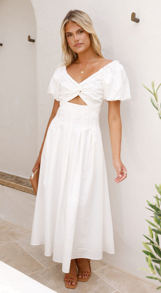 Women’s Midi Dress – Puff Sleeve – Sweetheart Neckline – Knot Front – Flattering Fit