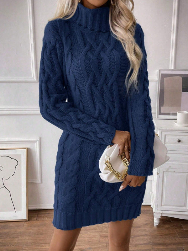 Women’s Sweater Dress – Cable Knit – Turtleneck – Slim Fit – Long Sleeve – Ribbed Hem