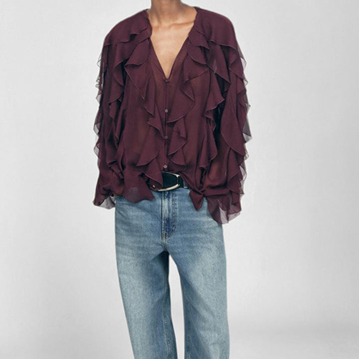 Women’s Blouse – Chiffon Fabric – Loose Fit – V-Neck – Long Sleeve – Ruffle Front – Button Down