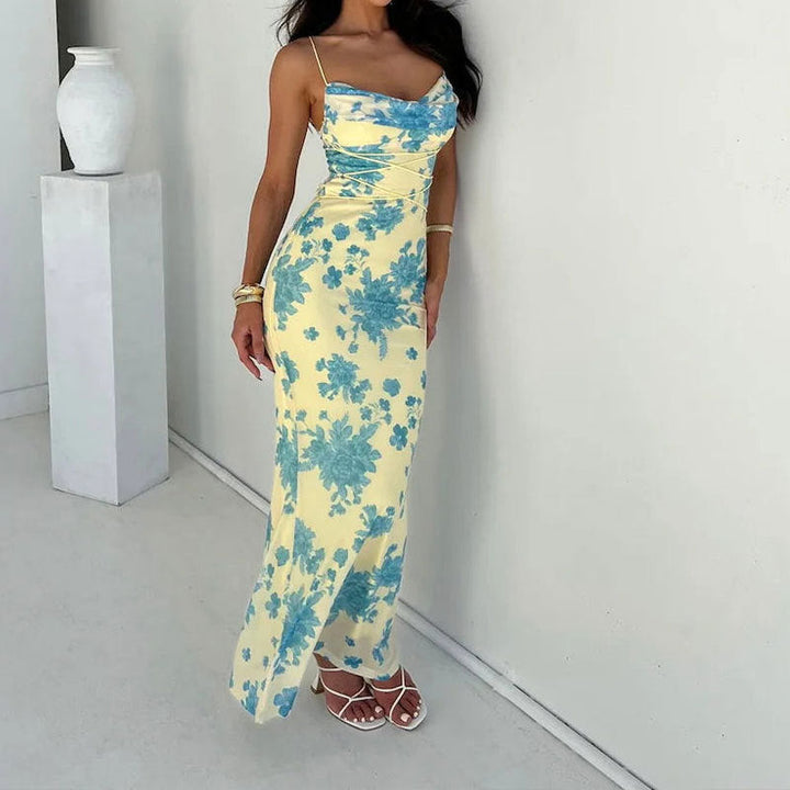Women's Maxi Dress - Bodycon Fit - Spaghetti Straps - Ruched Bust - Floral Pattern
