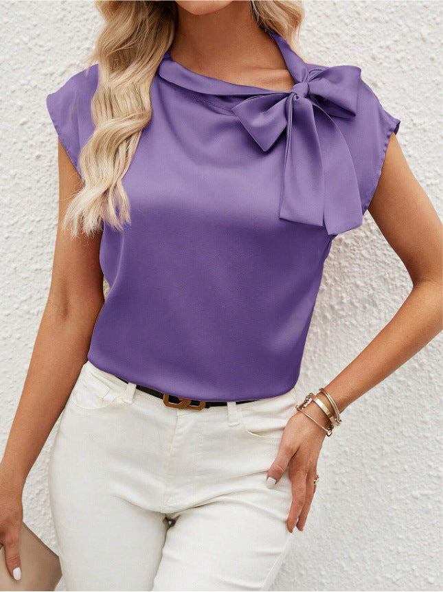 Women’s Blouse – Relaxed Fit – Satin-inspired material blend – Bow Neck – Cap Sleeve – Half Collar
