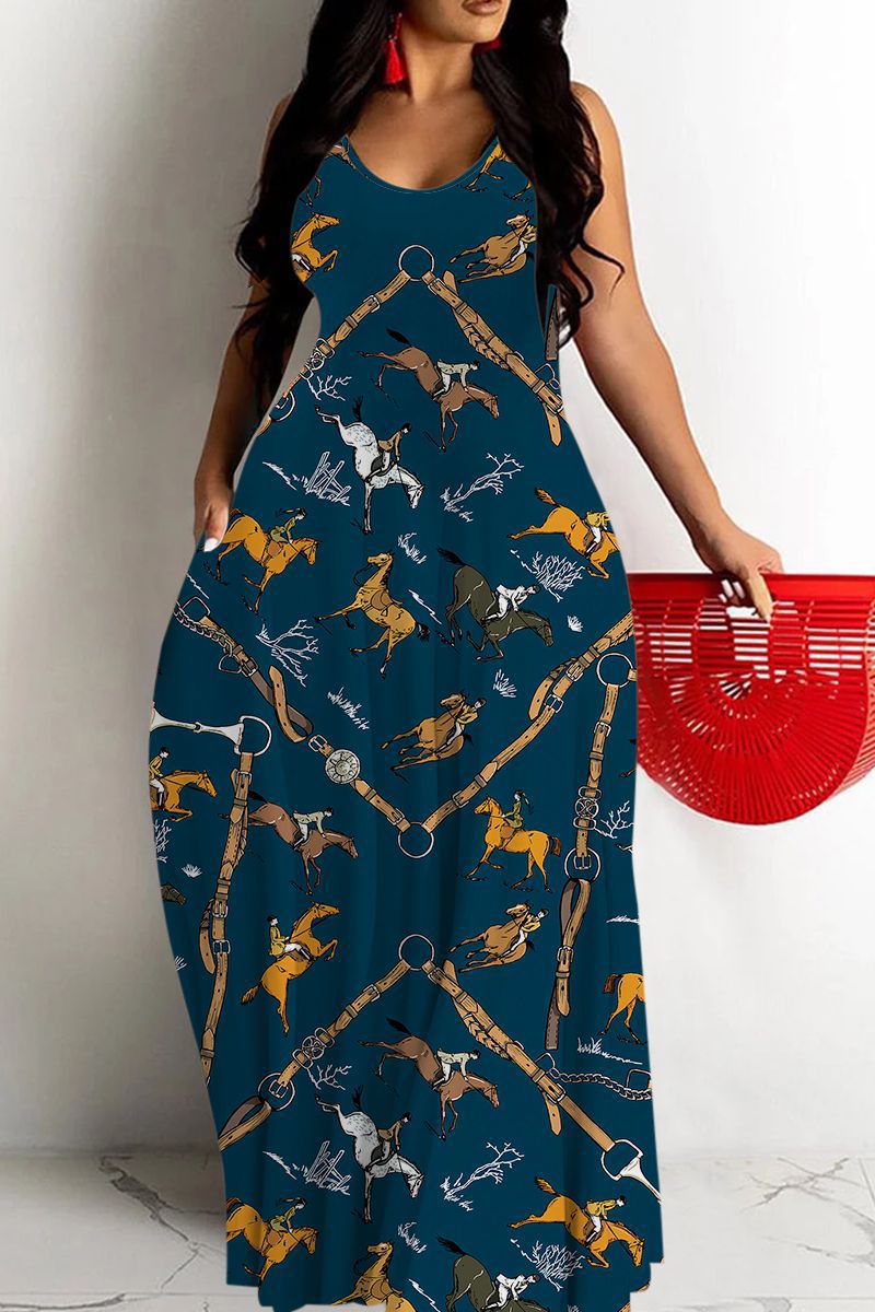 Women’s Maxi Dress – Flowy Fit – Deep V-Neck – Spaghetti Straps – Abstract Print