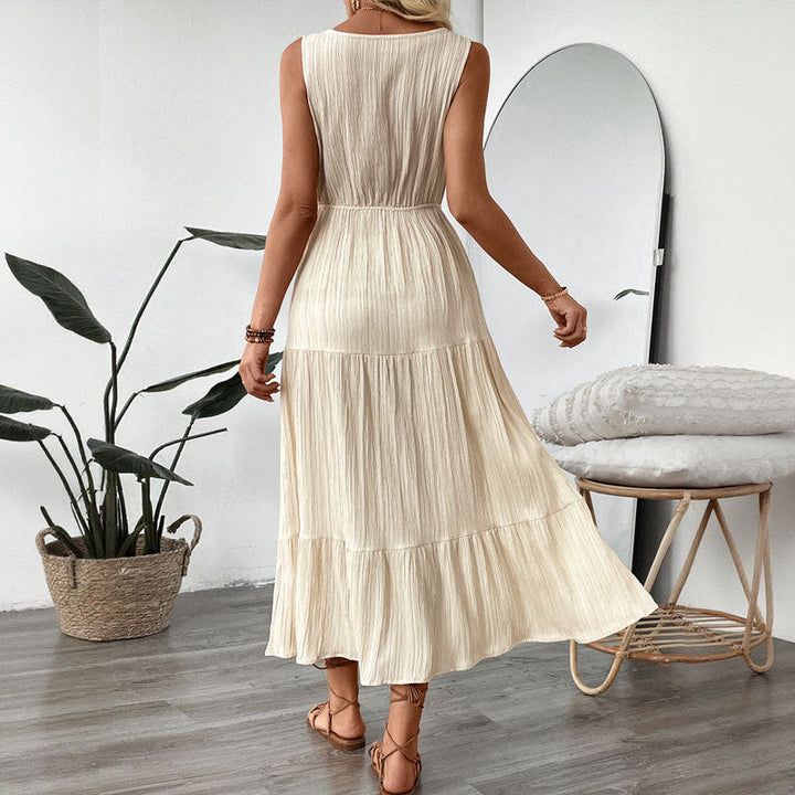 Women’s Midi Dress – Crinkled Fabric – V-Neck – Tiered A-Line – Adjustable Waist