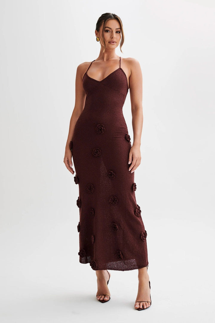 Women’s Maxi Dress - Slim Fit - V-Neck - Spaghetti Straps - 3D Floral Appliqués