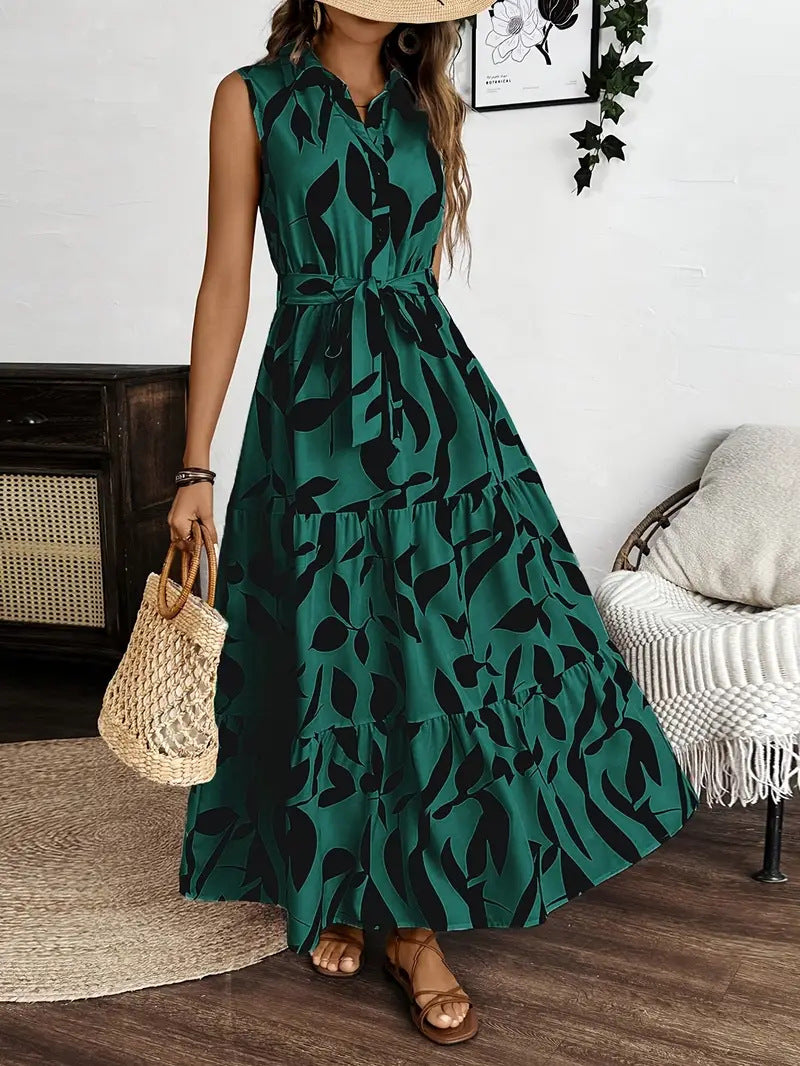 Women’s Maxi Dress – Sleeveless Collared – Button Front – Tiered Skirt – Tie Waist