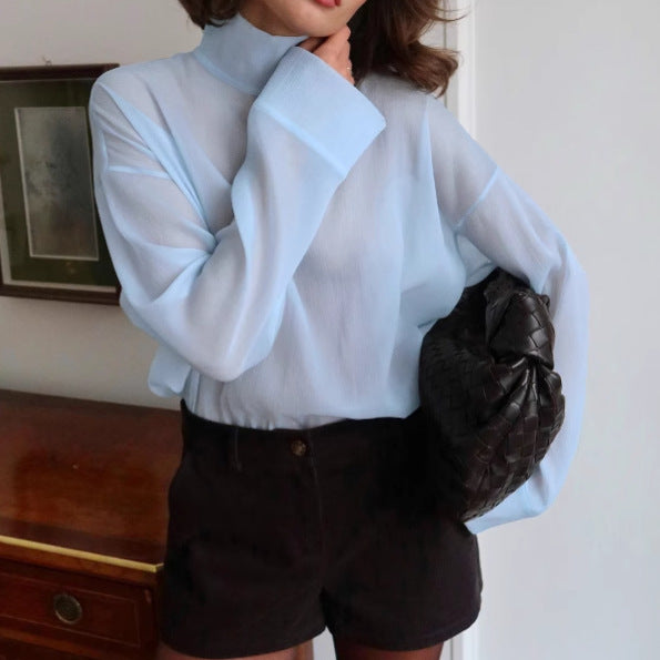 Women’s Blouse – Relaxed Fit – Sheer Lightweight Fabric – Long Sleeve Turtleneck