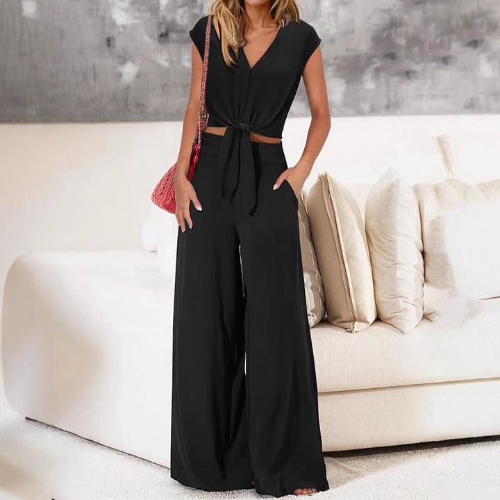 Women's Two-Piece Set - V-Neck Tie-Front Crop Top - High-Waist Wide-Leg Pants - Cap Sleeves