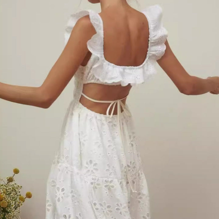 Women’s Maxi Dress - Eyelet Fabric - Ruffled Straps - Square Neck - High Slit Skirt