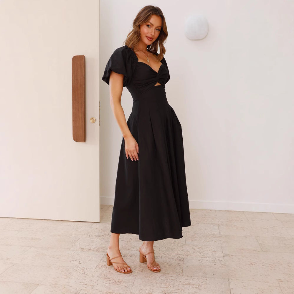 Women’s Midi Dress – Puff Sleeve – Sweetheart Neckline – Knot Front – Flattering Fit