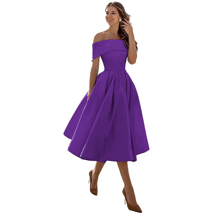 Women's Off-the-Shoulder Midi Dress - Fitted Bodice - Pleated Flared Skirt - Elegant Formal Wear