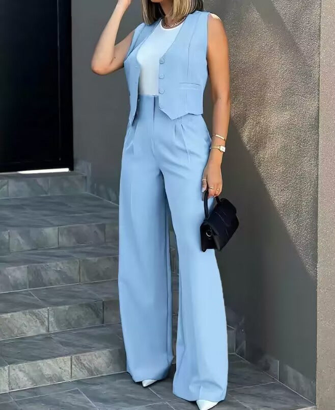 Women’s Vest and Trousers Set – Tailored Fit – High Waist – Wide Leg – Button Front