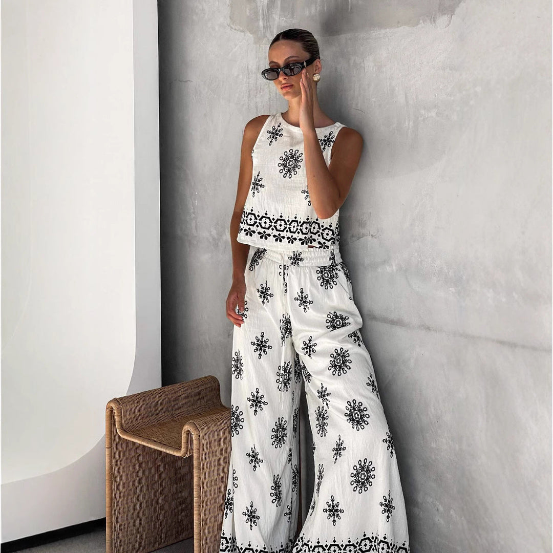 Women’s Two-Piece Set – Embroidered Crop Top & High-Waist Wide-Leg Pants – Lightweight Fabric