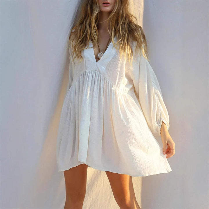 Women’s Mini Dress – Flowy A-Line Fit – Deep V-Neck – Long Sleeve Balloon Cuffs