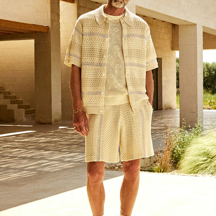 Men’s Two-Piece Set - Lightweight Textured Knit - Relaxed Fit - Short Sleeve Shirt and Shorts