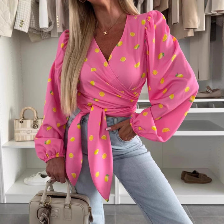 Women’s Wrap Top – Deep V-Neck – Long Sleeve – Tie Waist – Lightweight Printed Fabric