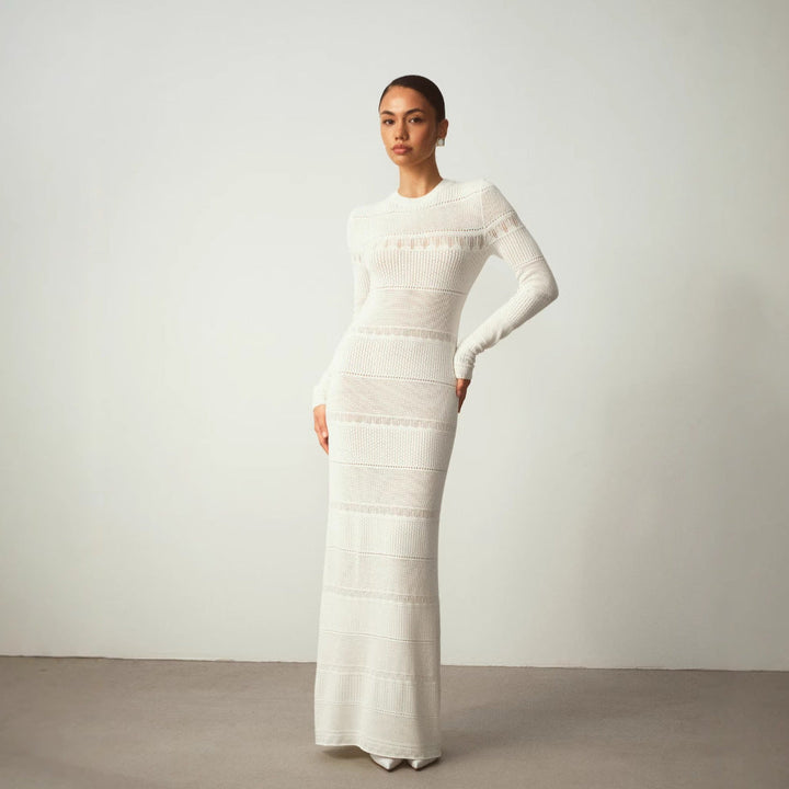 Women’s Maxi Dress – Fitted Silhouette – Long Sleeve – Knit Texture – Crew Neck