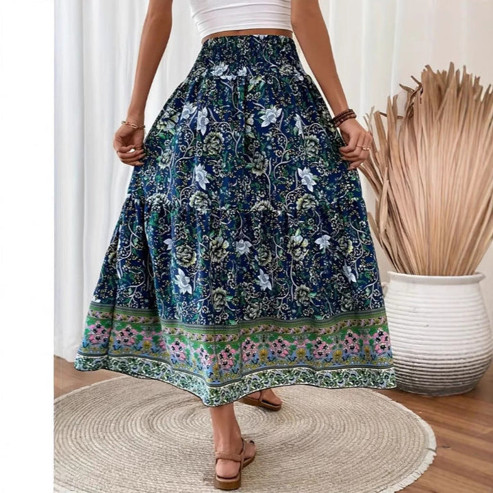 Women’s Maxi Skirt - Boho Style - Elastic Waist - Flowy Lightweight Cotton - Floral Pattern