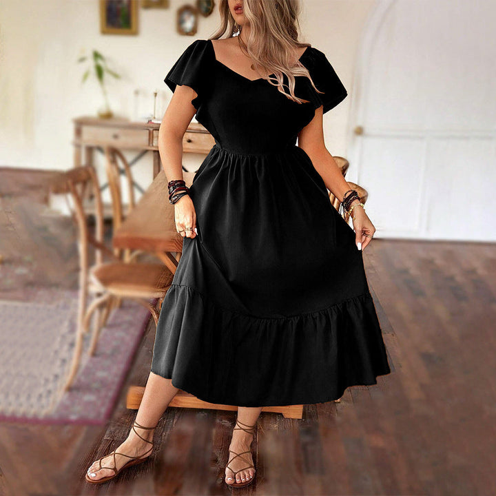 Women’s Midi Dress – V-Neck – A-Line Fit – Short Puff Sleeves – Ruffled Hem