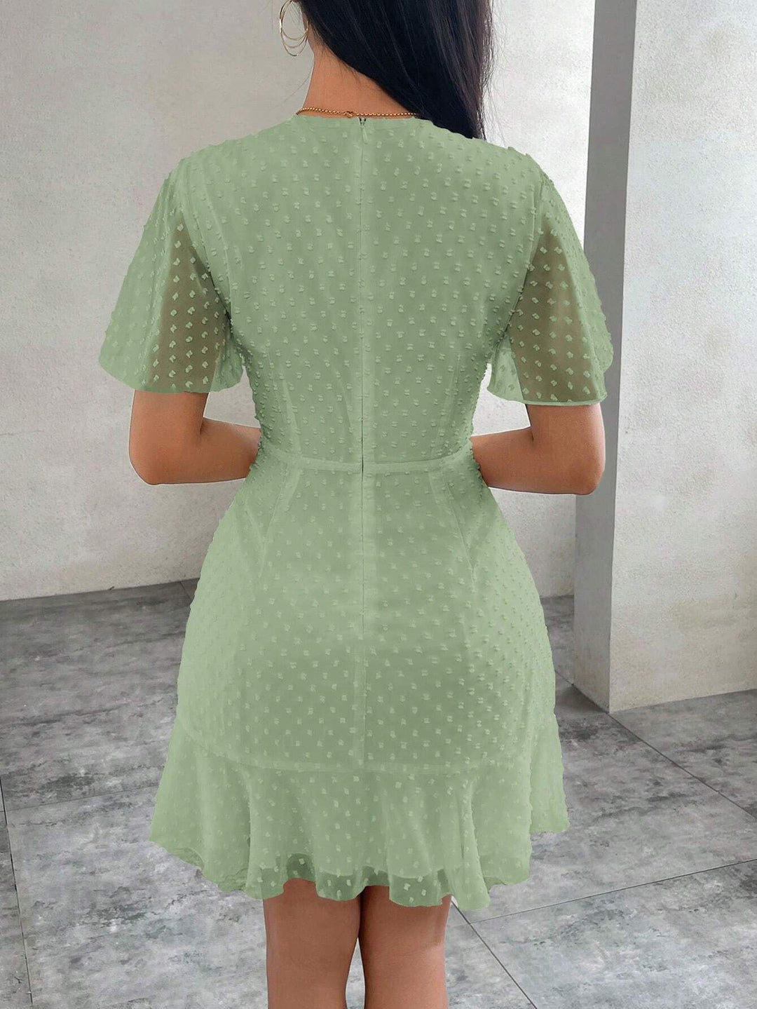Women’s Dress - Fit and Flare - Flutter Sleeve - Textured Dot - Crew Neck - Ruffle Hem