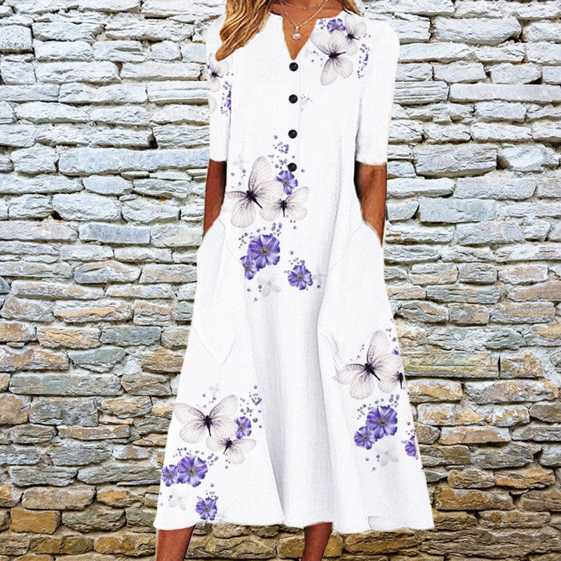 Women's Floral Print V-Neck Dress – Loose Fit with Pockets – Short Sleeve Casual Style