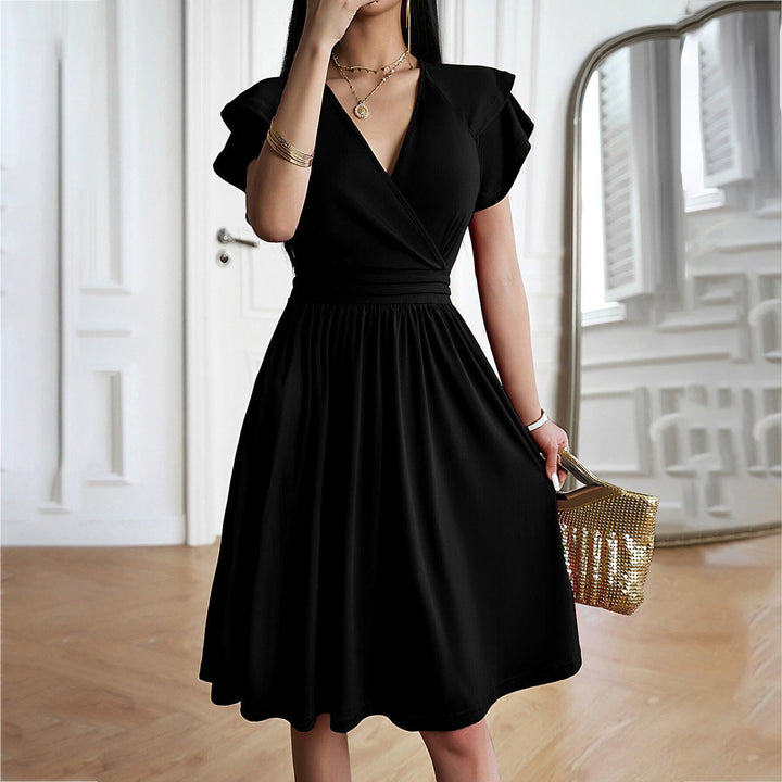 Women's V-Neck Wrap Dress - Short Flutter Sleeve - Fitted Waist - Knee-Length Elegant Wear