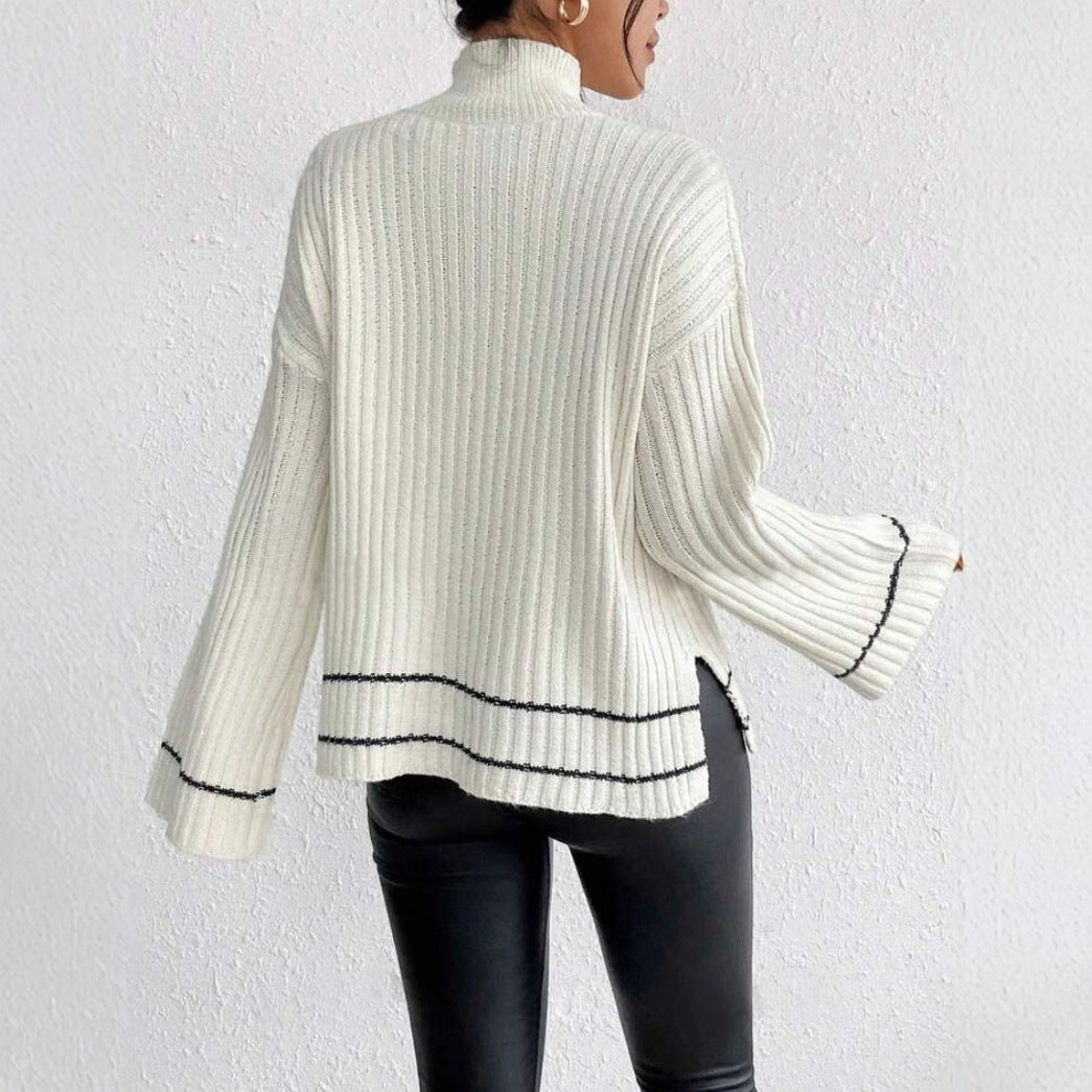 Women’s Knitted Sweater - Oversized Fit - Ribbed Texture - Mock Neck - Long Sleeve