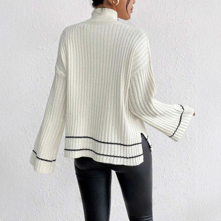 Women’s Knitted Sweater - Oversized Fit - Ribbed Texture - Mock Neck - Long Sleeve