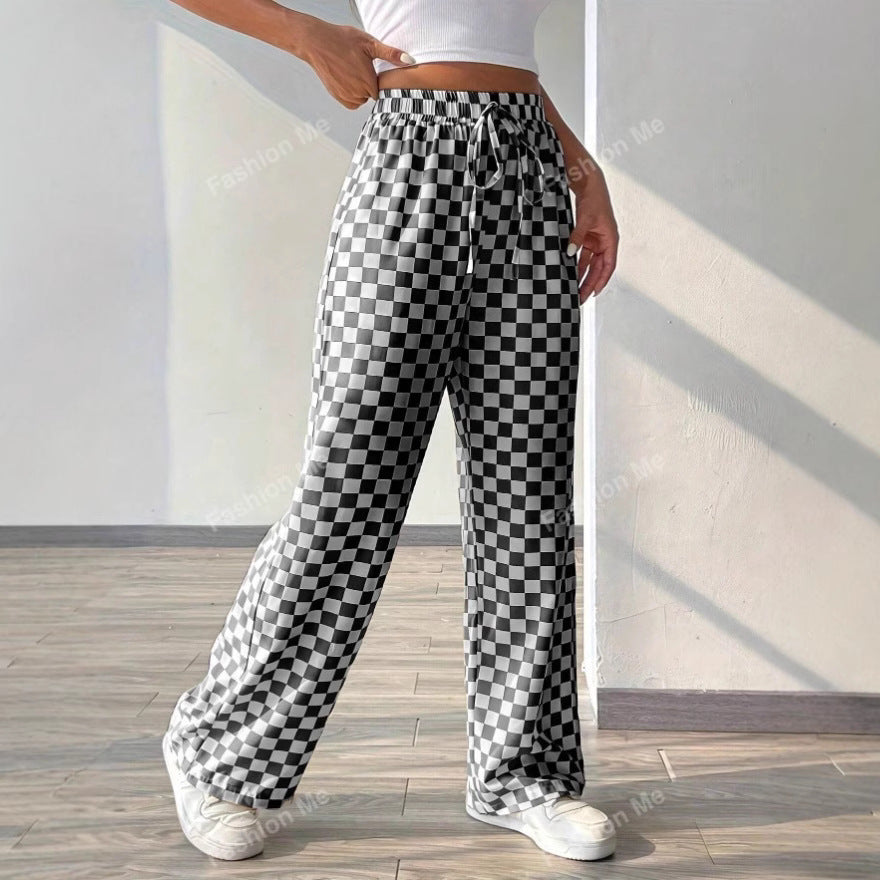 Women’s Wide-Leg Pants – Checkered Pattern – Relaxed Fit – Elastic Waist – Lightweight Cotton