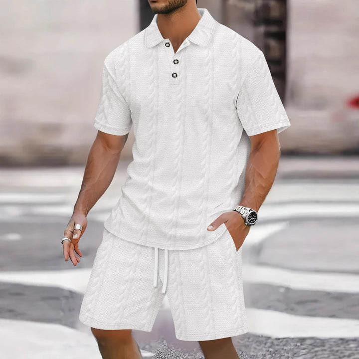 Men’s Shirt and Short Set – Relaxed Fit – Knit Texture – Button Front – Elastic Waist