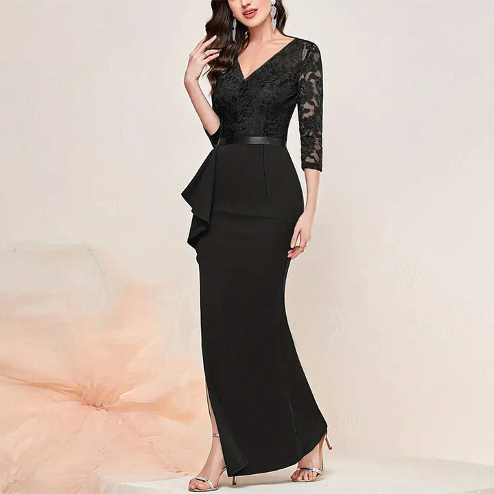 Women’s Formal Dress – Fitted Silhouette – Lace Bodice – High Slit – Ruffle Detail