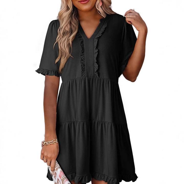 Women’s A-Line Dress – V-Neck – Ruffle Trim – Tiered Hem – Relaxed Fit – Short Sleeve