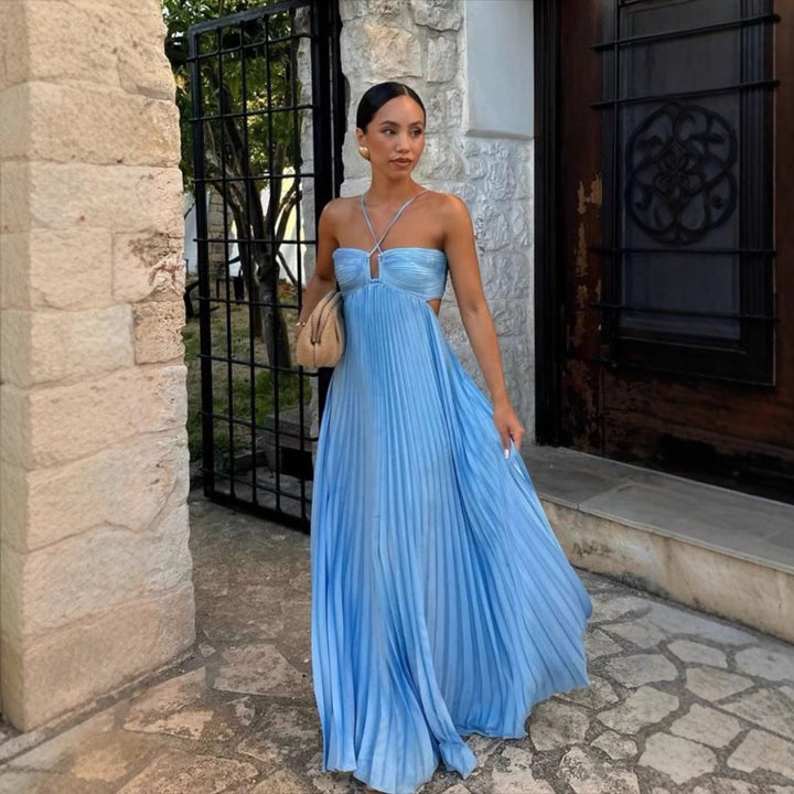 Women’s Maxi Dress - Halter Neck - Pleated Skirt - Bust Cut-Out - Flowy Fit