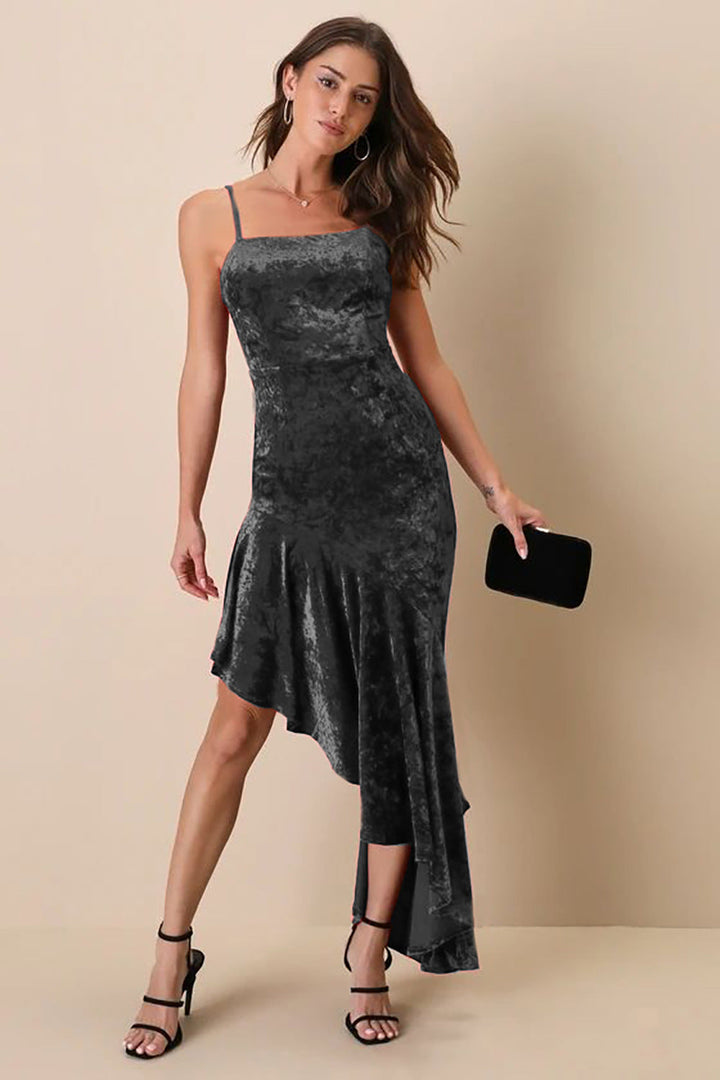 Women’s Maxi Dress - Velvet - Slim Fit - High-Low Hem - Spaghetti Straps