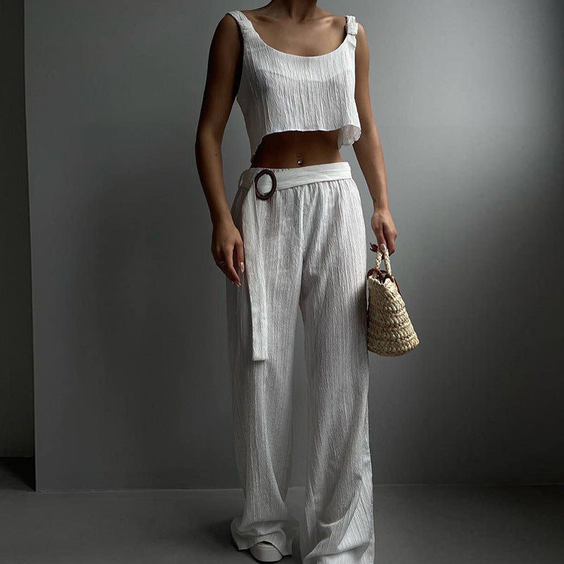 Women’s Two-Piece Set – Crop Top & Wide-Leg Pants – Lightweight Crinkled Fabric – Relaxed Fit