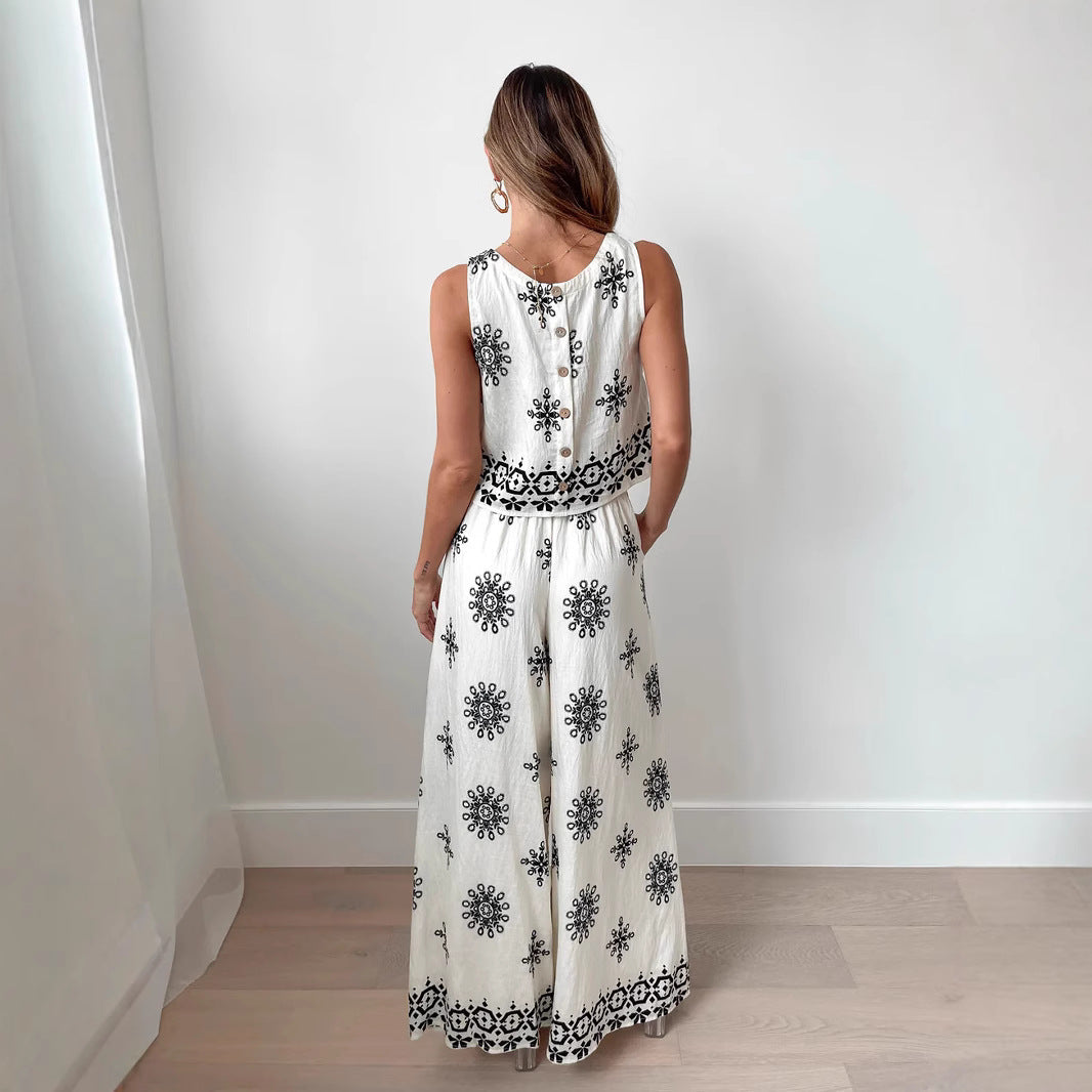 Women’s Two-Piece Set - Embroidered Crop Top and High-Waist Wide-Leg Pants - Relaxed Fit