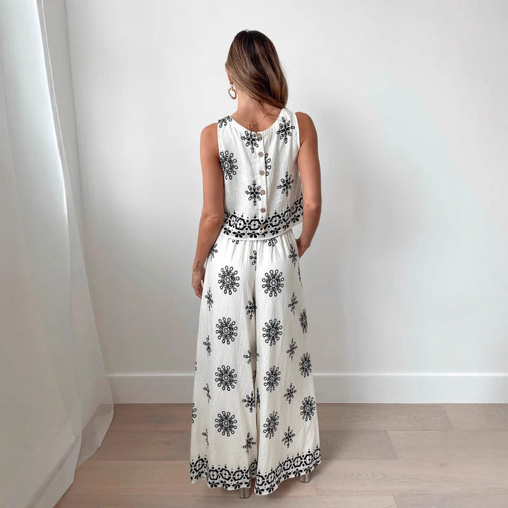 Women’s Two-Piece Set - Embroidered Crop Top and High-Waist Wide-Leg Pants - Relaxed Fit