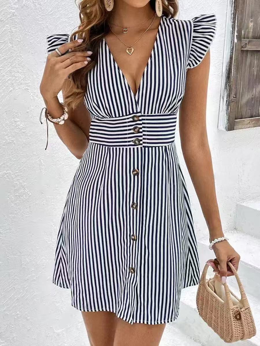 Women’s Dress – V-Neck A-Line – Ruffle Sleeves – Button Front – Cinched Waist Casual Fit