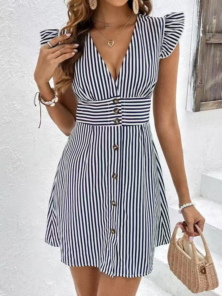Women’s Dress – V-Neck A-Line – Ruffle Sleeves – Button Front – Cinched Waist Casual Fit