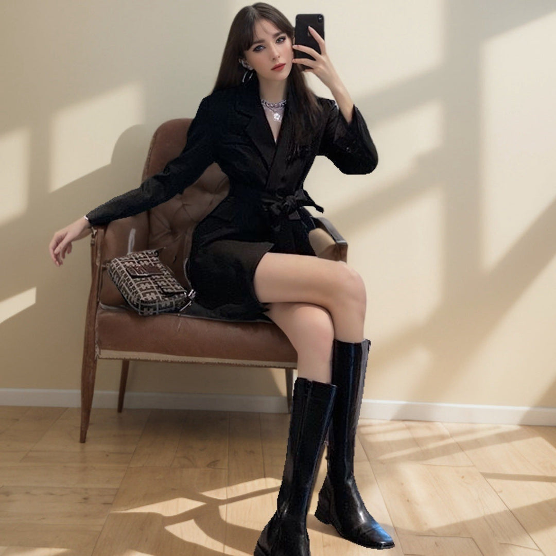 Women’s Blazer - Slim Fit Tailored Style - Waist Tie - V-Neck - Mid-Length - Long Sleeve