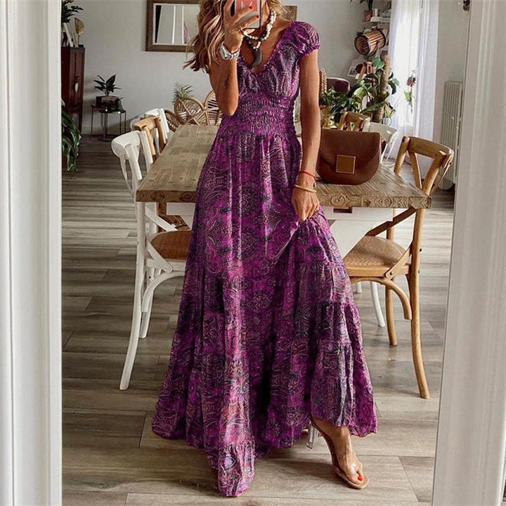 Women’s Maxi Dress – Smocked Bodice – Relaxed Fit – V-Neck – Tiered Skirt – Cotton Feel