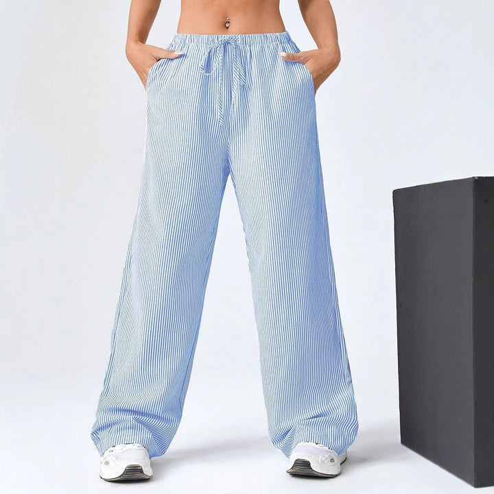 Women’s Straight-Leg Pants – Relaxed Fit – Breathable Fabric – Drawstring Waist – Striped
