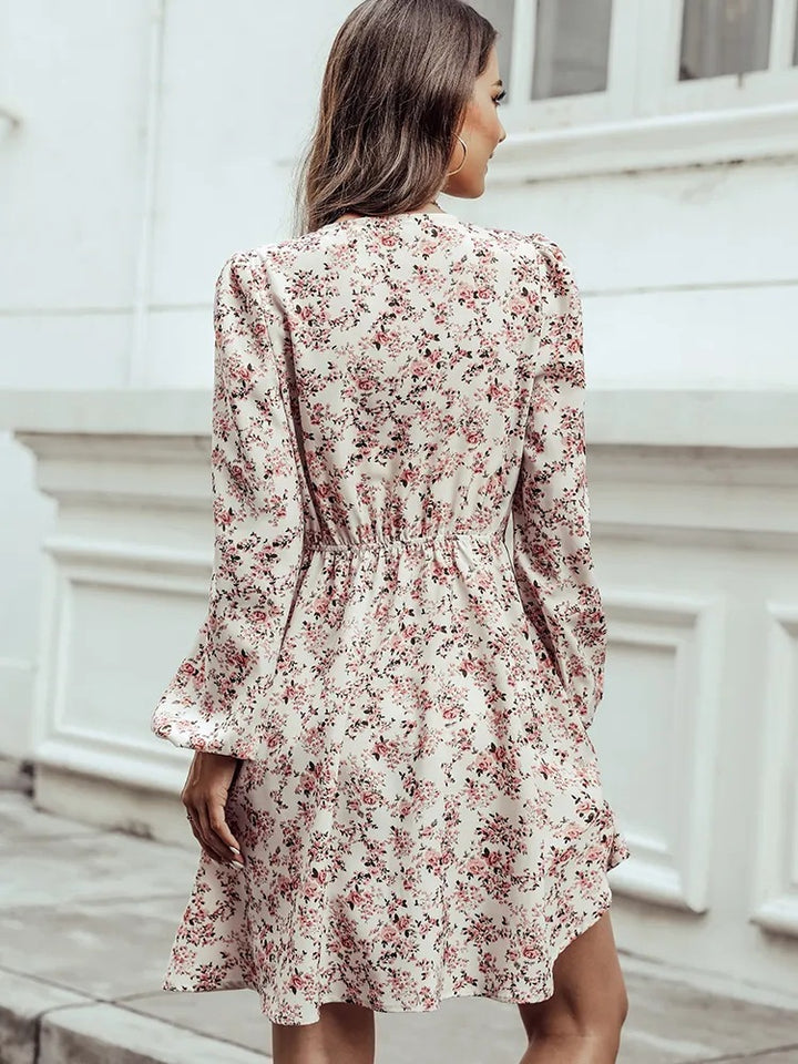 Women's Floral Dress - Plunging V-Neck - Long Sleeve Cinched Waist - Elegant Fit