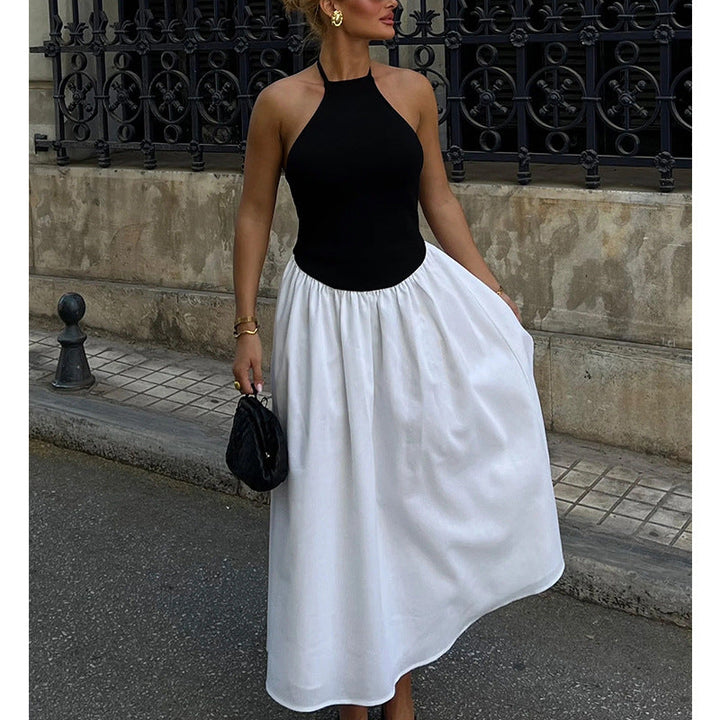 Women’s Halter Dress – Sleeveless Fitted Bodice – Flowing A-Line Midi Skirt