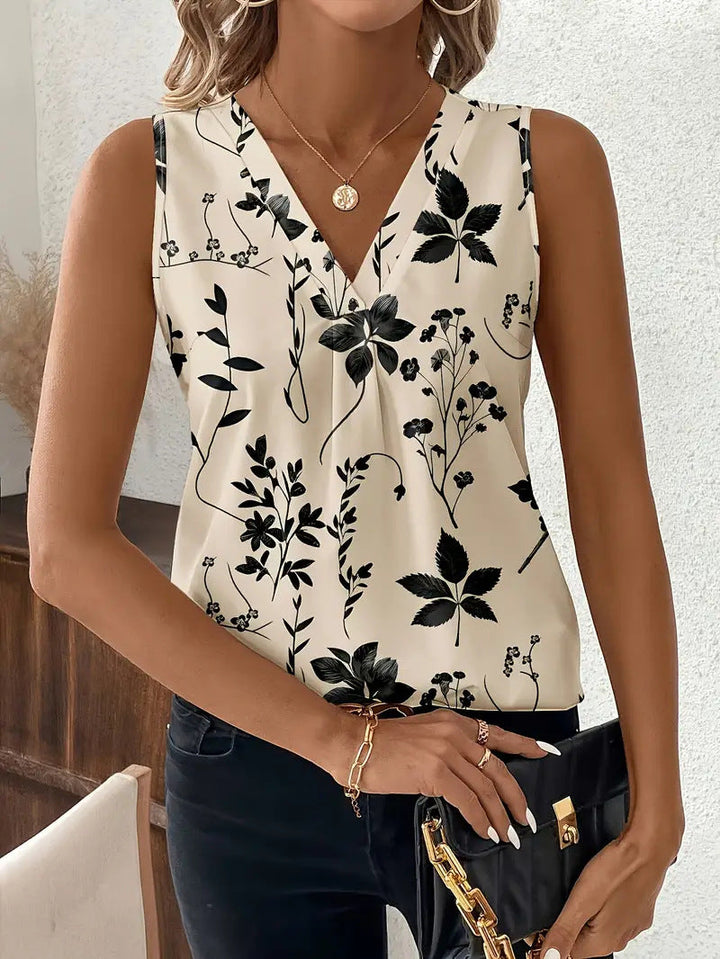 Women’s Sleeveless Blouse – V-Neck – Relaxed Fit – Abstract Print – Lightweight Fabric